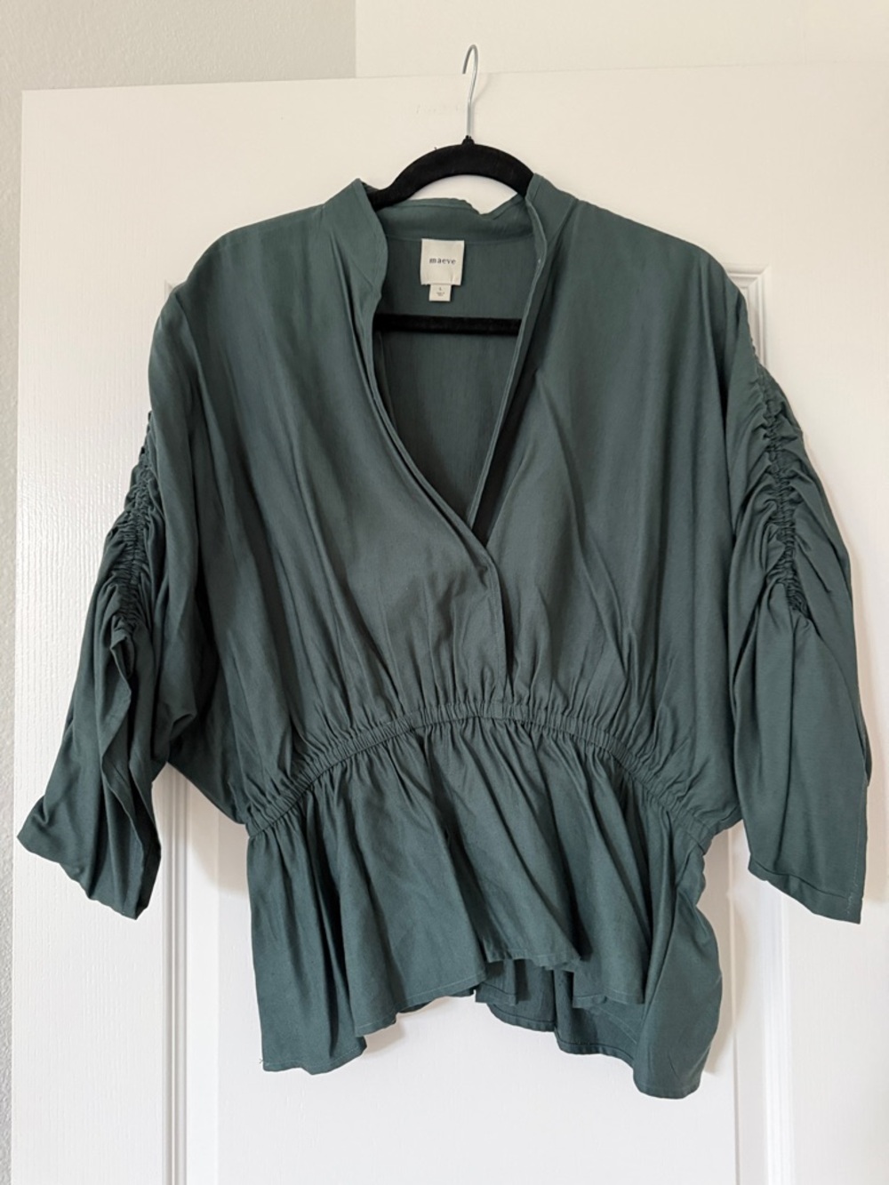 Maeve Anthropologie Green Ruched Sleeve V-Neck Peplum Top
